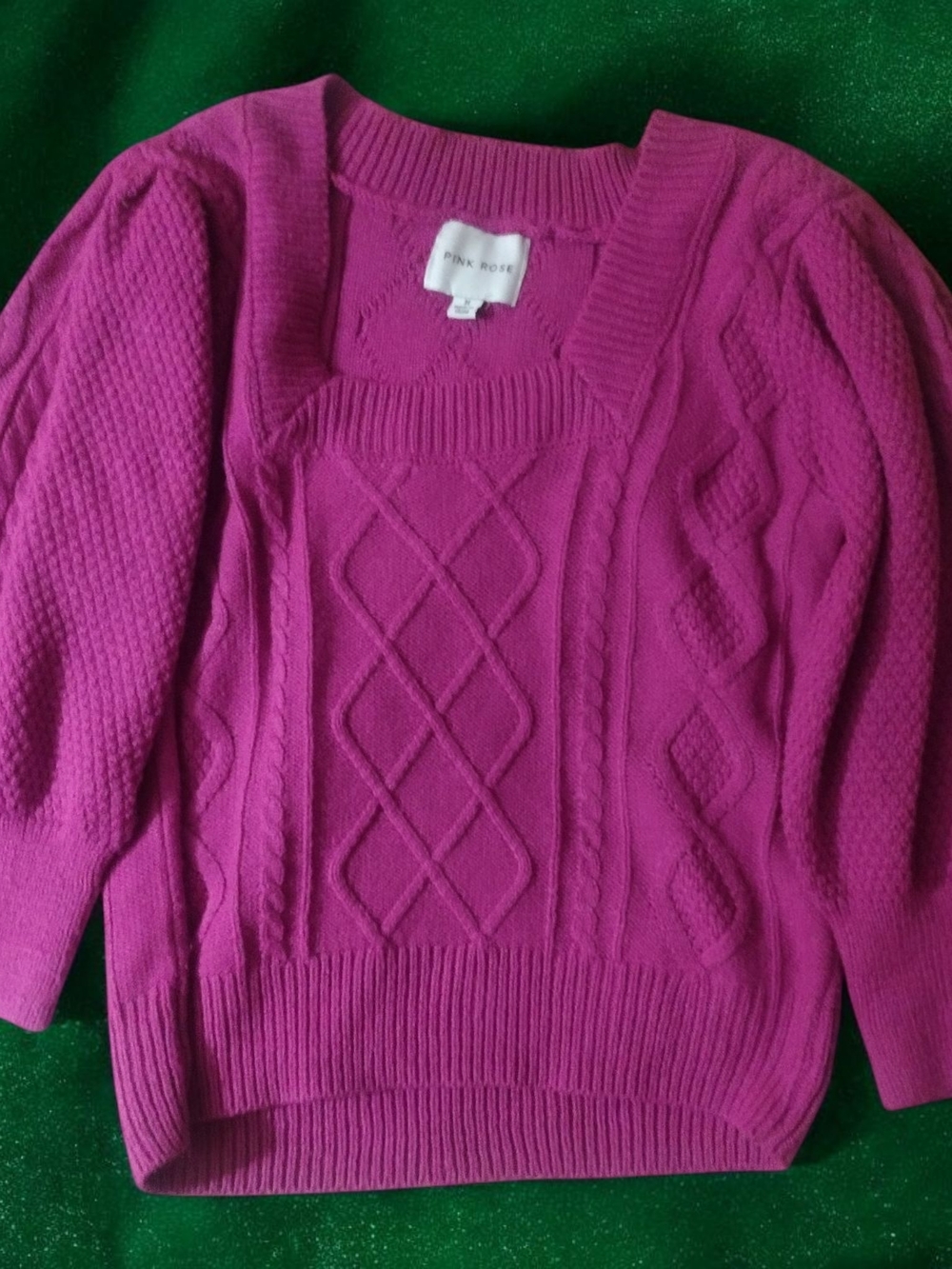 Pink Rose Women’s Fuchsia Cable Knit Scoop-Neck Sweater